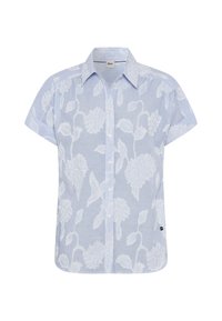 Korte mouw knoopshirt met een blauw gestreept patroon en een wit bloemmotief, gemaakt van lichte stof, met een klassieke kraag.