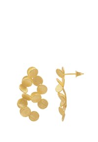 Gouden oorbellen met een cluster van getextureerde, ronde schijfjes in een organisch, vloeiend ontwerp en een veilige bevestiging met een post.