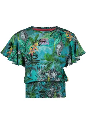 Kurze türkisfarbene Bluse mit tropischem Blatt- und Vogeldruck, kurzen Rüschenärmeln und gerafftem Taillenbund.