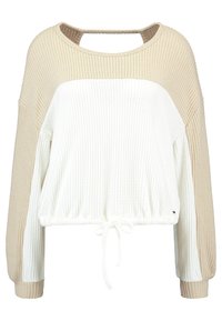Pull en tricot raccourci avec une texture côtelée, présentant des panneaux beige et blanc, un col rond et un cordon de serrage à l'ourlet.