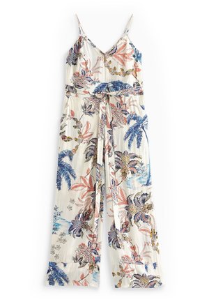 Combinaison blanche sans manches avec col en V, bretelles ajustables, ceinture à nouer et imprimé floral multicolore avec palmiers.