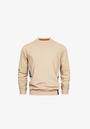 Beiger Pullover-Sweatshirt mit langen Ärmeln, runder Halslinie, weißen seitlichen Einsätzen mit schwarzen Akzenten sowie gerippten Ärmelabschlüssen und Saum.