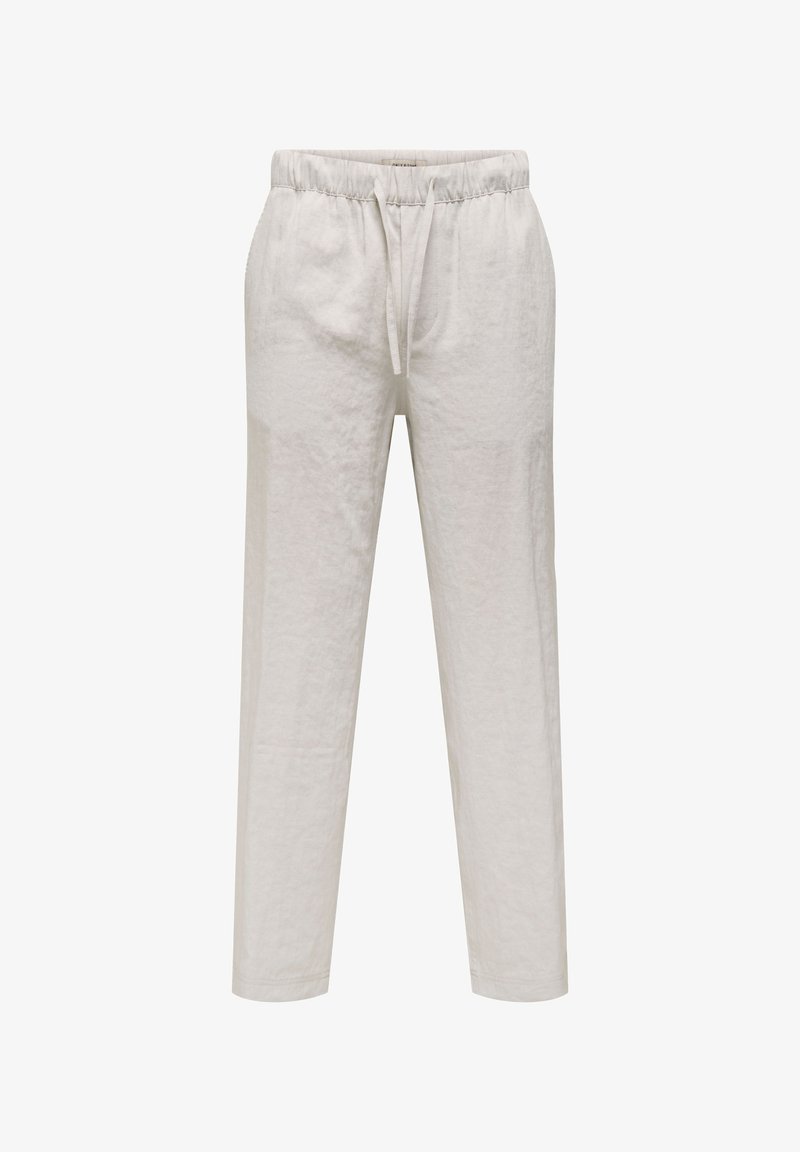 Light beige linen trousers with an elastic waistband, drawstring detail, and tapered leg design. Smooth texture, minimalistic style.