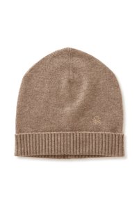 Berretto di lana marrone con orlo a coste. Texture morbida e forma arrotondata, dotato di un logo discreto sul lato.