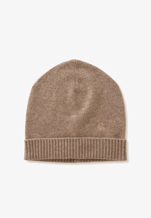 Brown knit beanie with a ribbed fold-over cuff. Soft texture and rounded crown, featuring a subtle logo on the side.