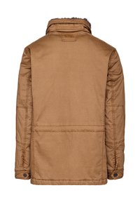 Brown, insulated jacket with a high collar and faux fur lining. Features double-stitched seams, side pockets, and buttoned cuffs.