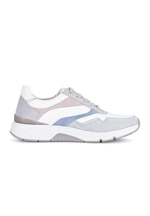 Baskets basses avec panneaux en daim blanc, gris, rose et bleu, lacets gris et semelle épaisse blanche, vues de profil.