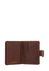 Braune Lederbörse mit RFID-Schutz, im Bi-Fold-Design, mit inneren Kartenfächern und strukturierter Oberfläche. Keine sichtbaren Beschläge.