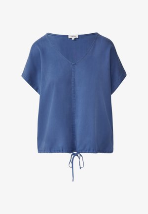 Blaue Kurzarmbluse mit V-Ausschnitt, Kordelzugsaum, glatter Textur und subtilen Nähten entlang der vorderen Mitte.