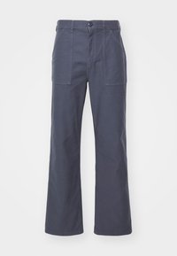 Dark gray, wide-leg trousers made of cotton. Featuring two front pockets and a button closure. Smooth texture with a casual design.