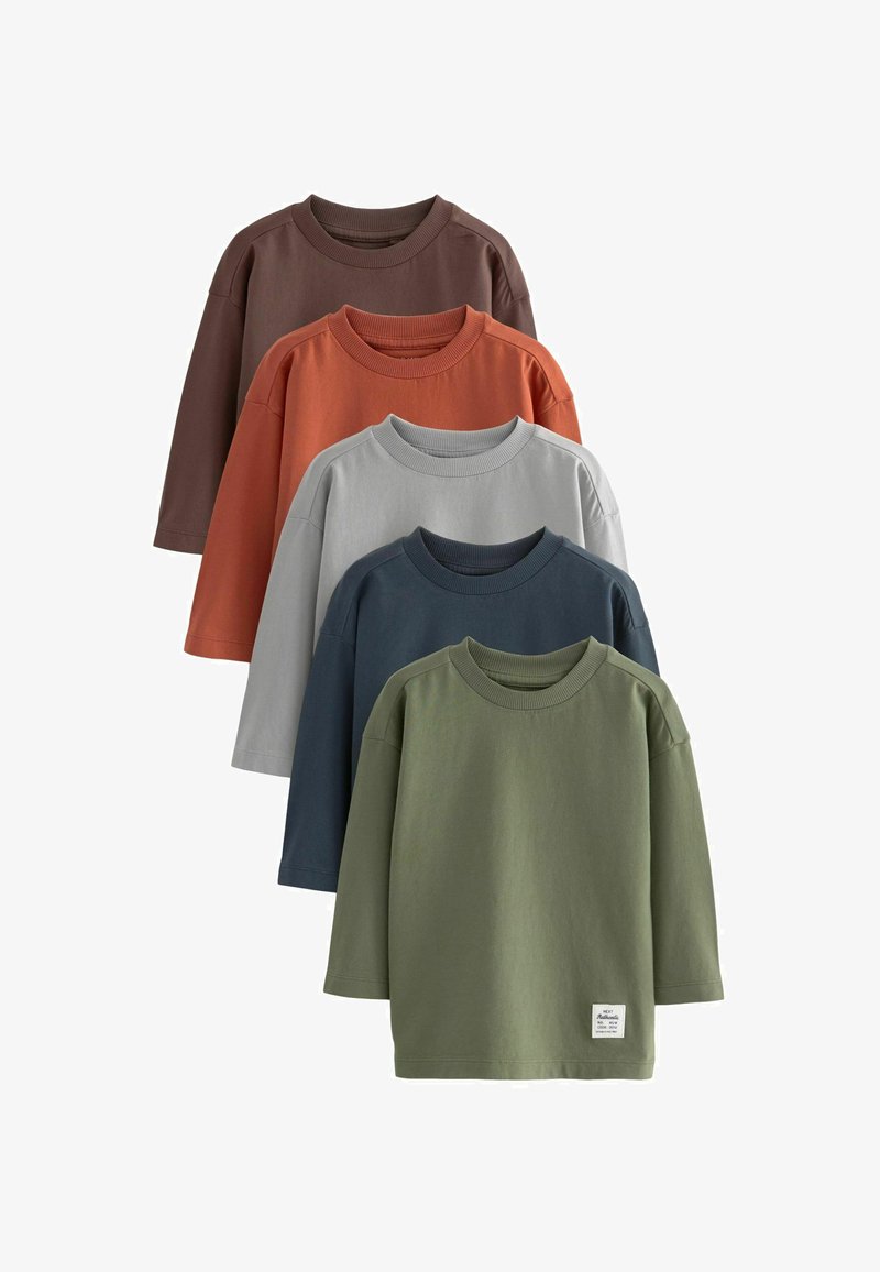 Five long-sleeve shirts in varying colors: brown, rust, gray, navy, and olive. All have round necklines and a textured fabric.