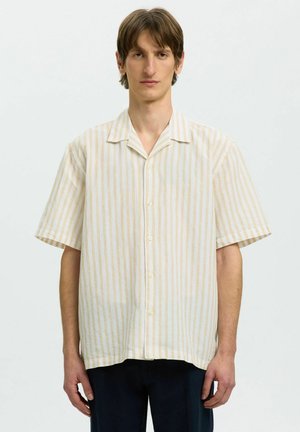 Junger Mann mit kurzen braunen Haaren, der ein beiges und weißes, vertikal gestreiftes, kurzärmeliges Hemd mit Knöpfen und eine dunkle Hose trägt.