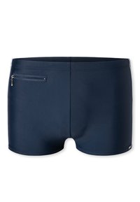Marineblaue Schwimmshorts aus glattem, dehnbarem Material, mit einer sicheren, mit Reißverschluss versehenen Gesäßtasche und einem einfachen, schlanken Design.