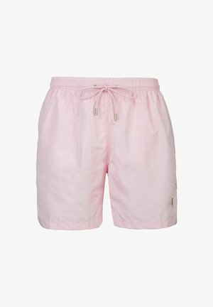 Lichtroze zwembroek van glad, waterafstotend materiaal. Voorzien van een elastische tailleband met een koord en zijzakken.