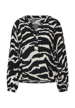 Černo-bílá vzorovaná blůza s výstřihem do V, zapínáním na knoflíky a dlouhými rukávy. Materiál se jeví jako lehký s hladkou strukturou.