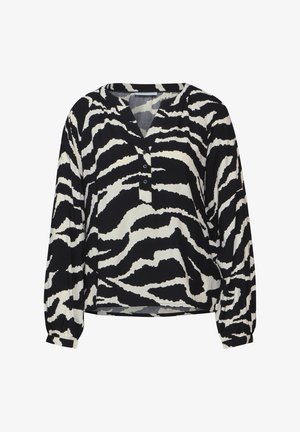 Sorte og hvide mønstrede bluser med v-hals, knaplukning og lange ærmer. Materialet virker let og har en glat overflade.