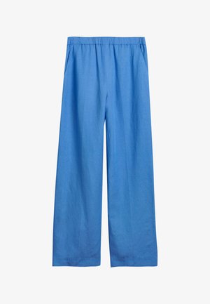 Zilās platās bikses, izgatavotas no viegla auduma, ar elastīgu jostasvietu un sānu kabatām ērtībai. Gluda tekstūra.