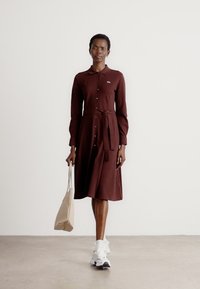 Rochie lungă, de culoare maronie, cu mâneci lungi și design cu butoane, având o talie legată. Modelul poartă o geantă tote bej și încălțăminte sport albă.