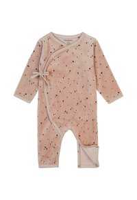 Velours-Babykörperanzug in sanftem Pfirsich mit dunklem gesprenkeltem Muster, Wickeldesign, langen Ärmeln, Druckknopfverschluss und Bindedetail an der Seite.