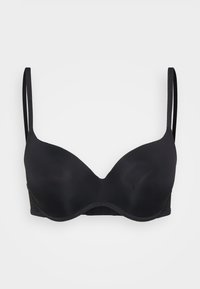 Reggiseno nero con ferretto caratterizzato da una texture liscia, coppe sagomate, spalline regolabili e un design posteriore senza cuciture.