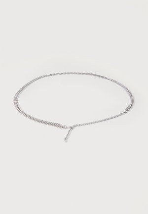 Silver chain necklace with small rectangular metal accents evenly spaced, and an adjustable clasp on a white background.