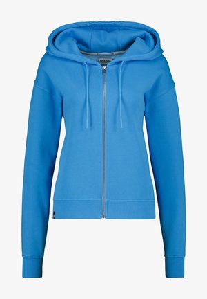 Lichtblauwe zip-up hoodie met voorzakken, trekkoordcapuchon en ribgebreide manchetten en zoom.