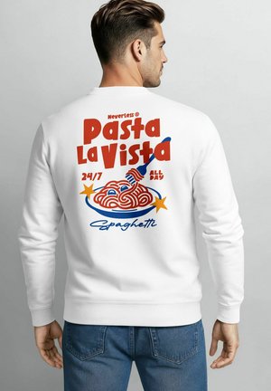 White sweatshirt featuring a colorful graphic design on the back with text “Pasta La Vista” and an illustration of spaghetti on a plate.