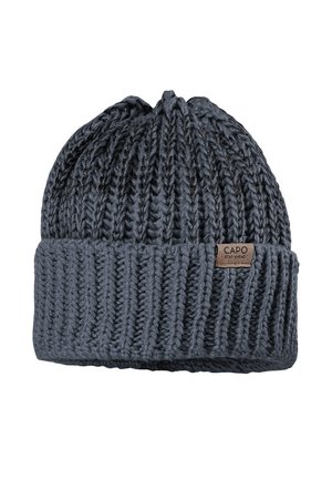 Dark gray ribbed knit beanie with folded cuff and small leather patch labeled "CAPO STAY AHEAD" on cuff.