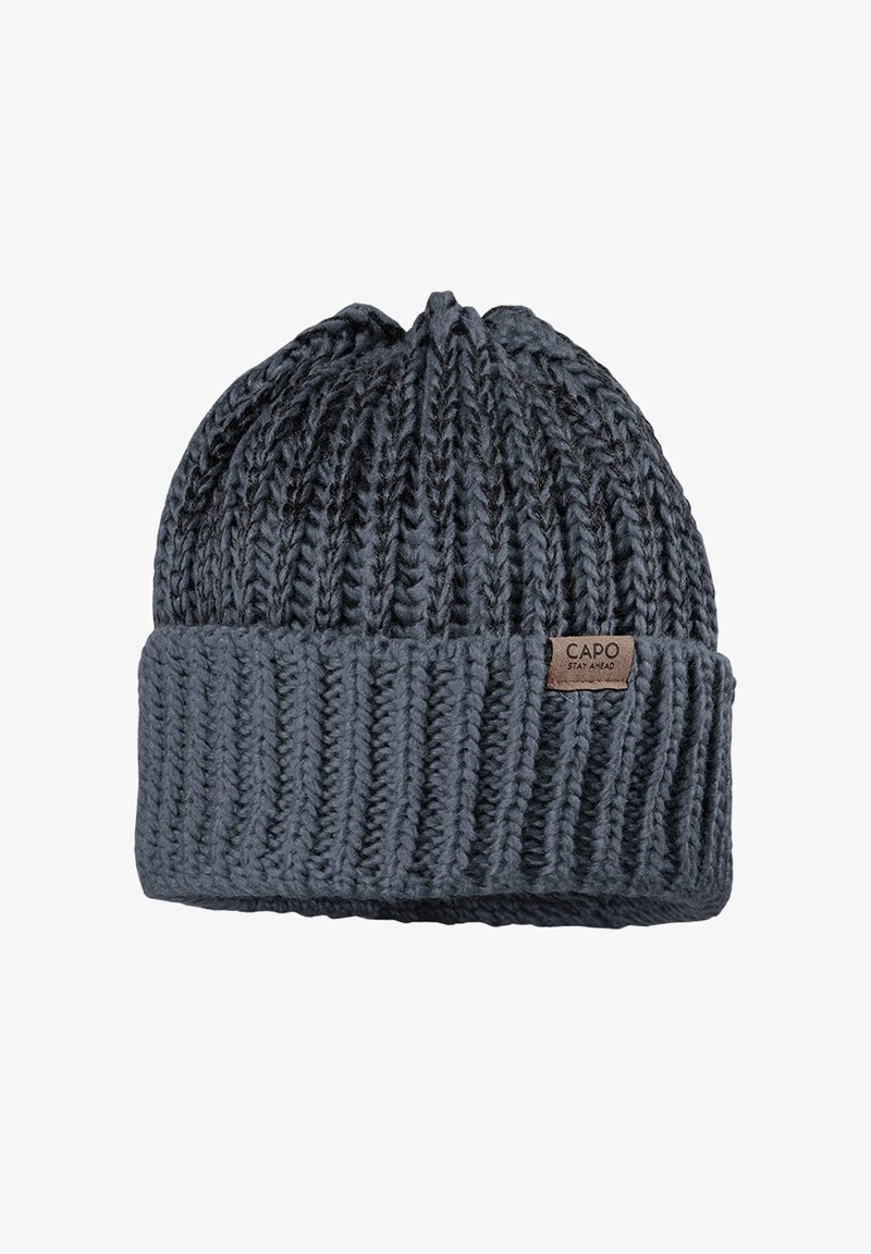 Dark gray ribbed knit beanie with folded cuff and small leather patch labeled "CAPO STAY AHEAD" on cuff.