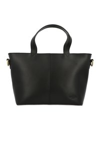Borsa a tote in pelle nera con due manici corti, design strutturato e cuciture visibili. Presenta un accento in metallo ottone.