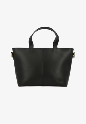 Sort læder tote taske med to korte håndtag, en struktureret design og synlige syninger. Har en messinghardware accent.