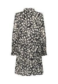 Rochie lungă cu mâneci lungi, cu un imprimeu abstract alb-negru, cu o croială lejeră, guler înalt și tiv cu volane.