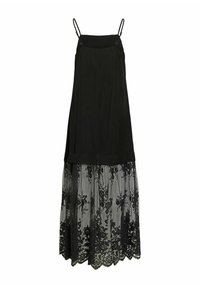 Robe noire sans manches avec fines bretelles, partie supérieure unie, et jupe inférieure en dentelle transparente à motif floral.