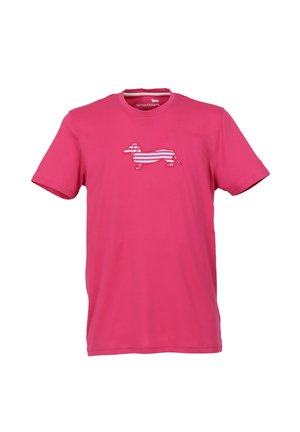 Lyserød t-shirt med korte ærmer i bomuld, prydet med en hvidstribet silhuet af en gravhund på brystet. Klassisk crew neck design.