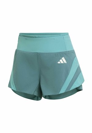 Shorts de sport teal clair avec taille haute, bandes latérales et logo Adidas blanc sur le devant à droite.