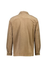 Chaqueta de pana marrón con cuello, mangas largas, puños abotonados y un acabado texturizado. Vista trasera sin logotipos ni patrones visibles.