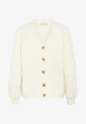 Gilet en tricot blanc avec un col en V, des manches bouffantes et un motif texturé. Cinq grands boutons beiges sont disposés sur le devant.