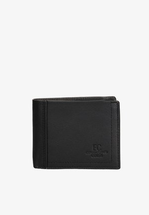 Portafoglio nero in pelle con una texture liscia, design a doppia piega e logo in rilievo discreto sulla parte anteriore. Dotato di fessure per carte e scomparti sicuri.