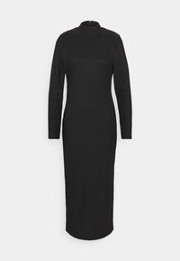 Svart långärmad klänning med hög krage, figurnära design och midilängd. Tillverkad av slät, strukturerad tyg utan synliga detaljer.