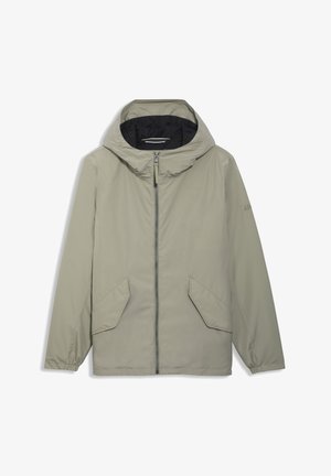 Veste légère verte clair, résistante à l'eau, avec capuche, fermeture éclair frontale et deux poches latérales. Elle présente des poignets élastiques et une doublure intérieure contrastante.