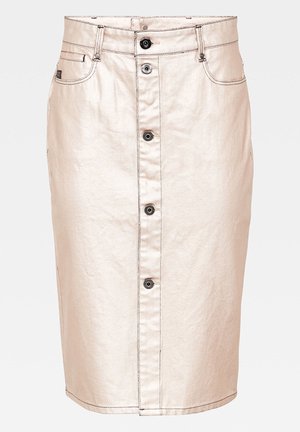 Jupe crayon en denim beige avec une fermeture à boutons sur le devant et deux poches latérales. Présente des coutures visibles et un design droit.