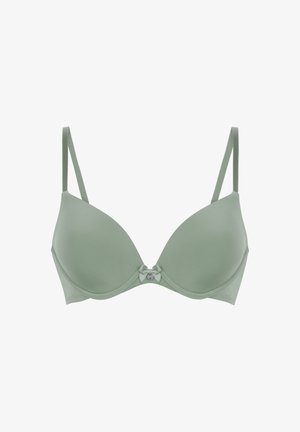 Lichtgroene gepofte beha met dunne verstelbare bandjes. Heeft een klein strikje aan de voorkant en een gladde textuur overal.