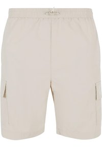 Beige cargo shorts laget av lett materiale. Har elastisk linning med snor, sidelommer og en lomme med klaff på benet.