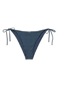Bas de bikini bleu marine avec motif œillet blanc et liens latéraux sur les deux hanches sur fond blanc.