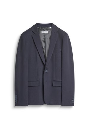 Blazer navy en tissu lisse, avec une fermeture à un bouton, deux poches avant et une doublure intérieure texturée.