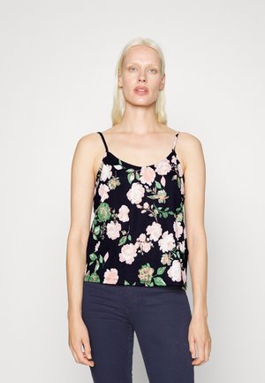 Top de camisolinha preto com padrões delicados de rosas cor-de-rosa, alças finas ajustáveis e um tecido texturizado. Adequado para uso casual.
