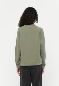 Olijfgroene sweatshirt met een ronde hals en lange mouwen. Zacht materiaal, relaxed fit en geribbelde manchetten. Aanzicht van de achterkant toont een eenvoudig ontwerp en stiksel.