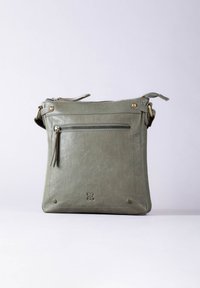 Green leather crossbody bag with a zippered compartment, brass hardware accents, and a smooth texture. Features stitched detailing and logo imprint.