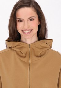 Braun-gefütterter Kapuzenpullover mit einem Frontreißverschluss, der eine lockere Passform und eine weiche Textur bietet. Glattes Material mit dezenten Nahtdetails.