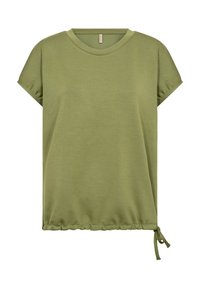 Olive green short-sleeve top made of soft fabric, featuring a round neck and a cinch tie detail at the bottom for adjustable fit.